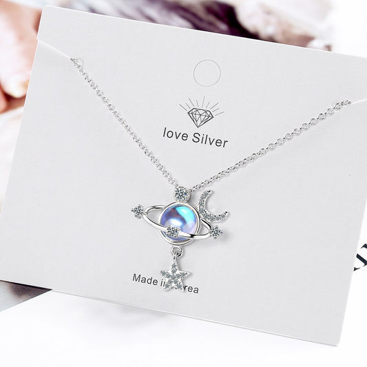 925 Sterling Silver Women Chain on the Neck Collarbone Necklace for Women Universe Star Moon Crystal Pendant Chain Jewelry