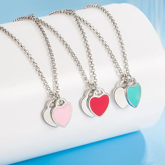 925 Sterling Silver Double Heart Pendants Necklaces for Women Luxury Quality Fine Jewelry Wholesale Offers with Free Shipping